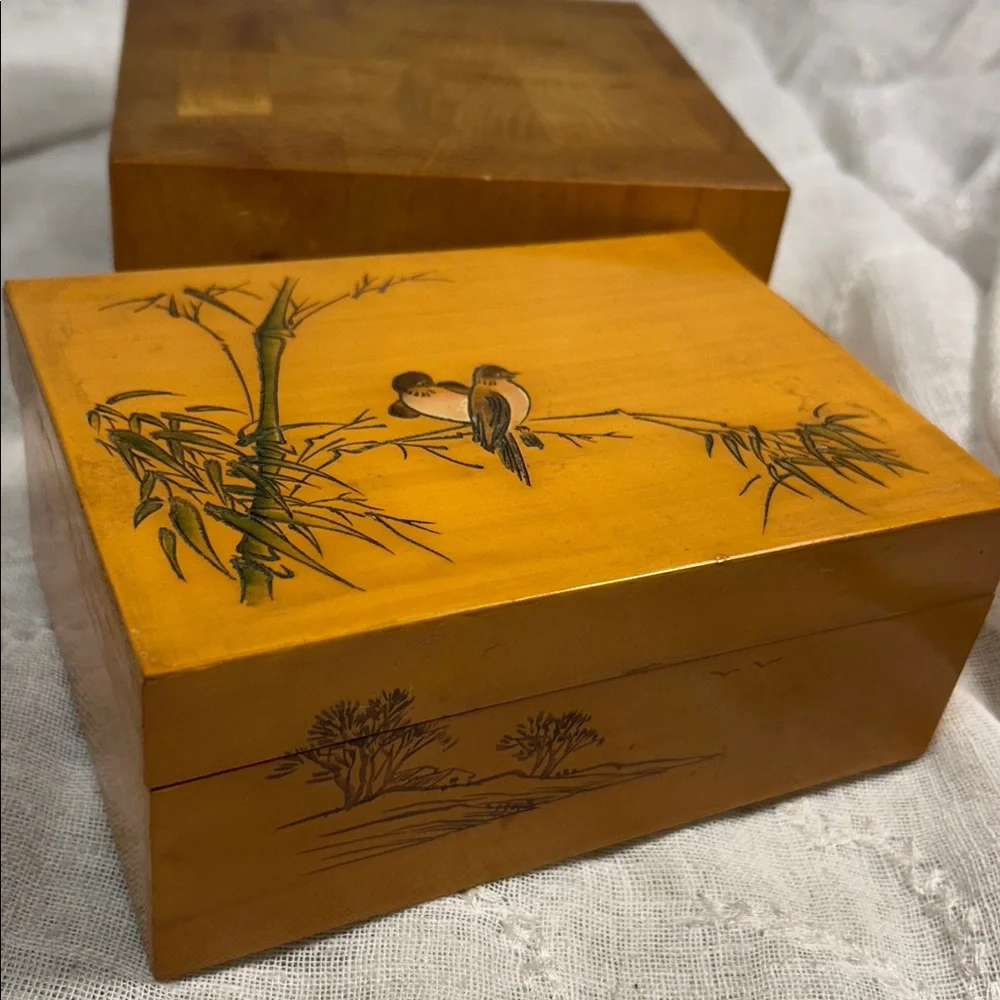 Vintage Jewelry wooden box with bamboo and birds hand painted
